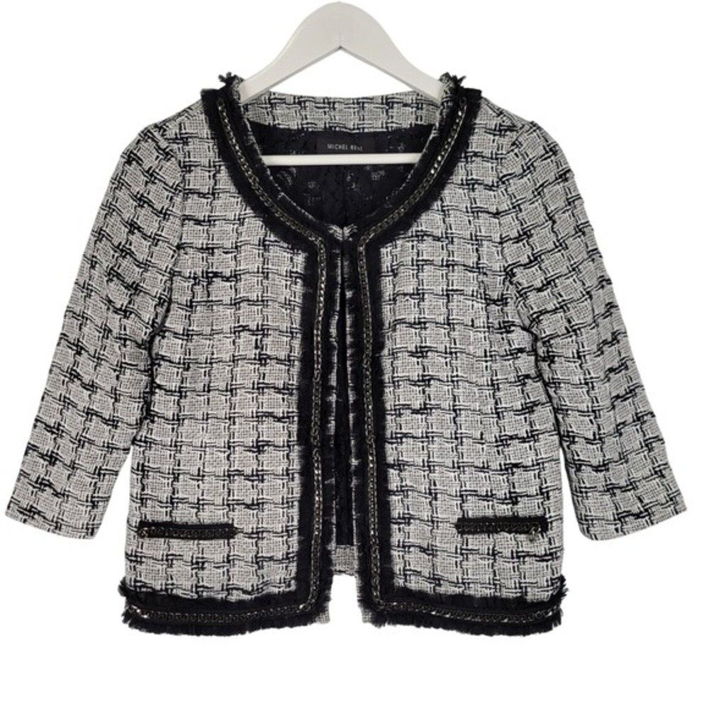 Michel Rene Tweed Crop Blazer Chain Fringe Jacket Womens 42‎